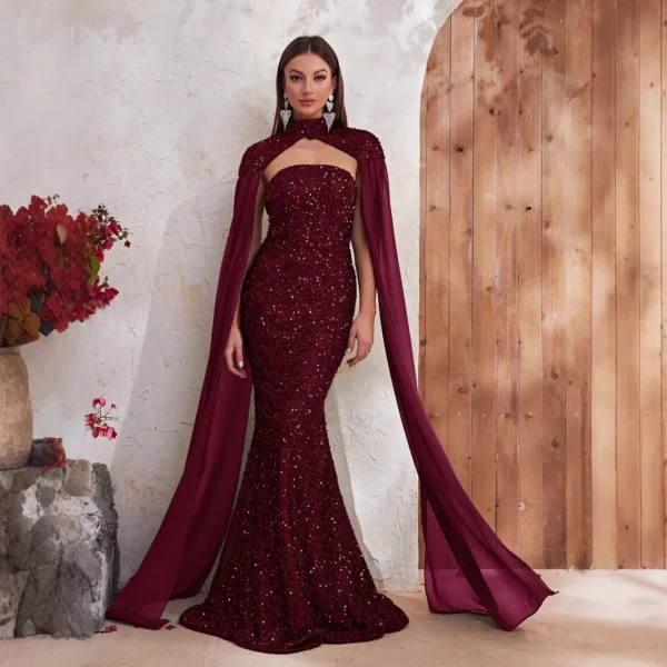 Dark Red Bling Lace Off Shoulder Mermaid Evening Party Prom Dress