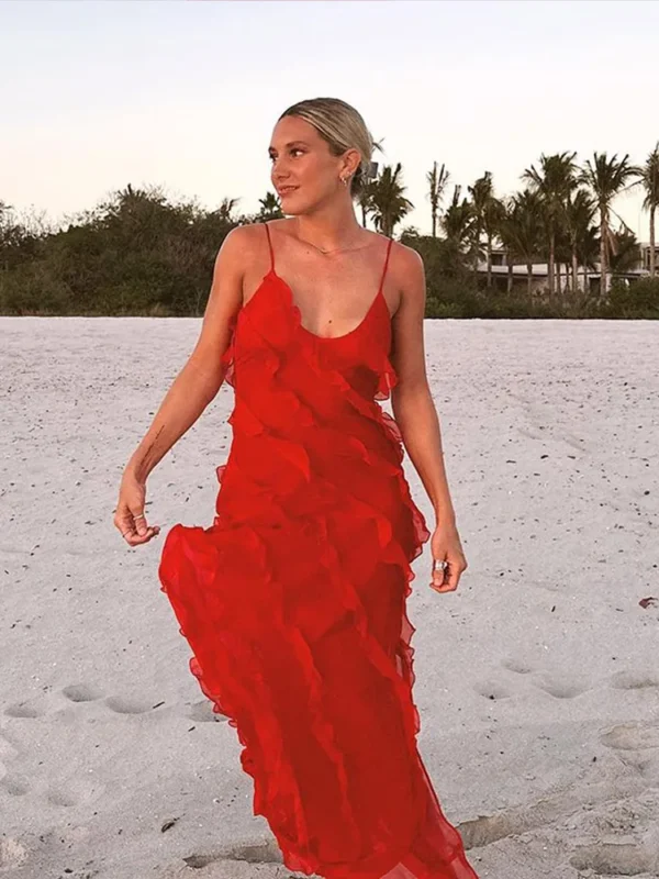Elegant Red Chiffon Backless Lace-Up Ruffle Beach Vacation Dress - Image 3