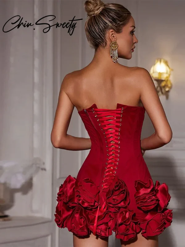 Red 3D Flower Bandage Mini Dress Adjustable Spring 2025 Party