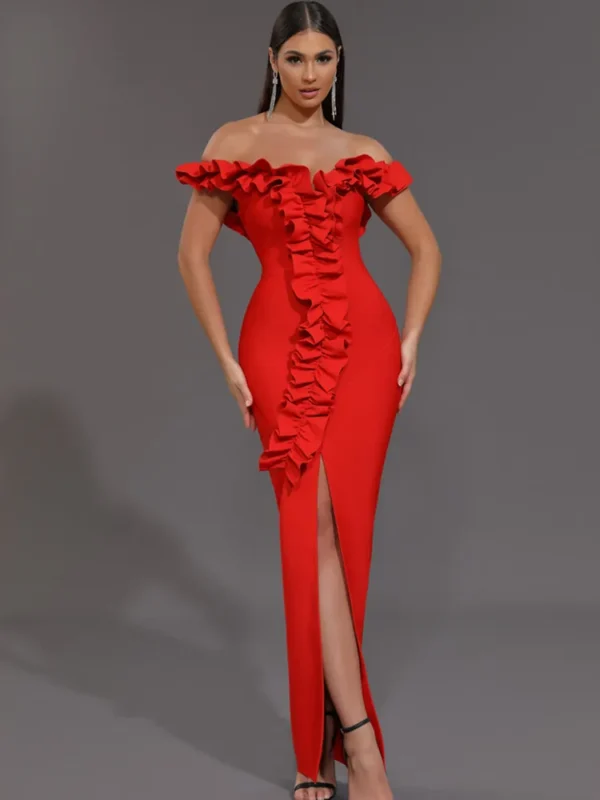 Red Prom Dresses: Sexy Off-Shoulder Bandage Midi Party Dress