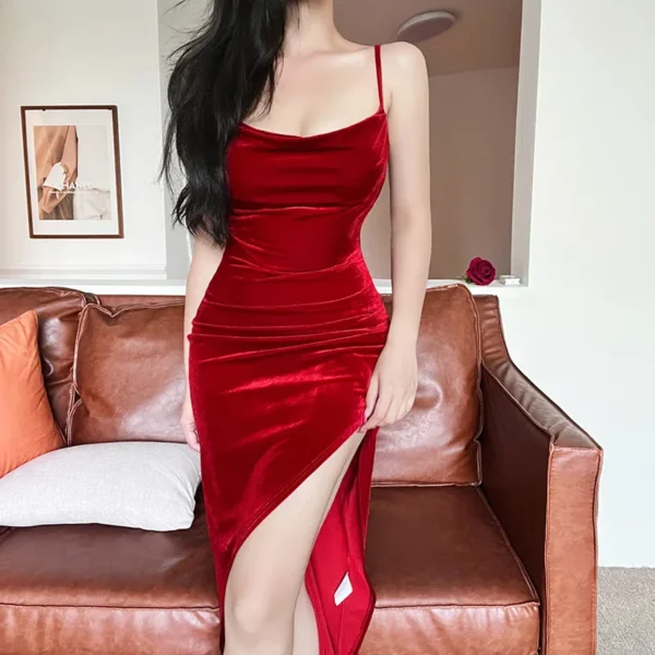 Summer Retro White Red Split Strap Slim Elegant Mid Length Dress