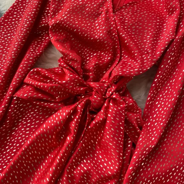 Christmas Prom Red Satin Deep V-neck Lantern Sleeve Party Dress - Image 3