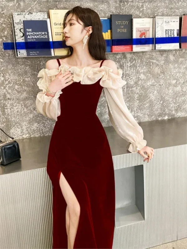 Elegant red prom dresses with ruffles, puff sleeves, and split design - Image 5