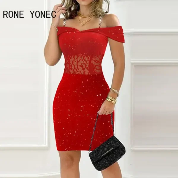 Red prom dresses with glitter lace, chain decor, and bodycon fit