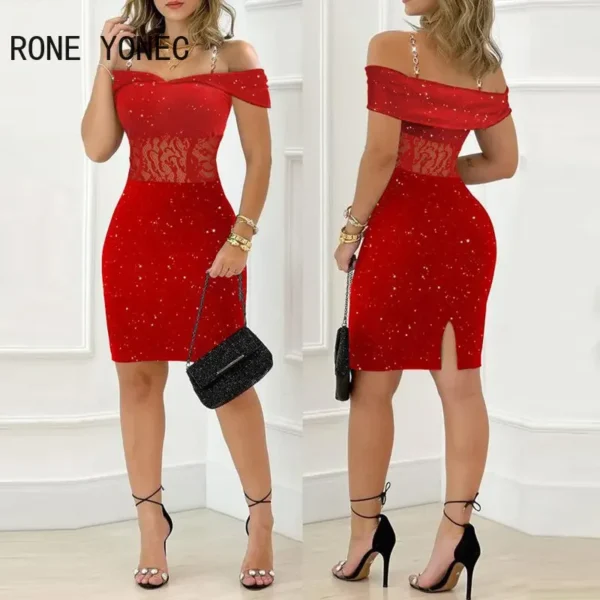 Red prom dresses with glitter lace, chain decor, and bodycon fit - Image 3