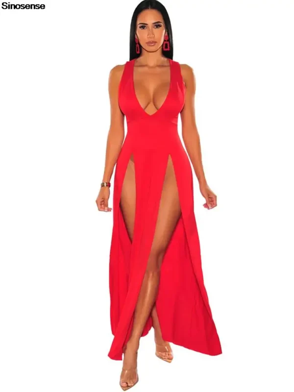 Red Prom Dresses Sexy Deep V Neck High Split Bodycon Evening Maxi