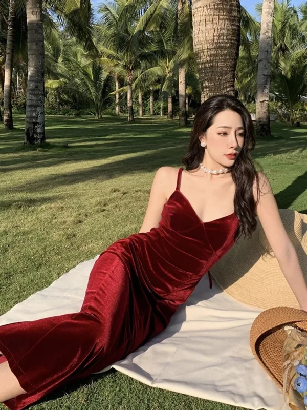 Summer Vintage Sexy Red V-neck Spaghetti Strap Slit Long Dress Party - Image 5