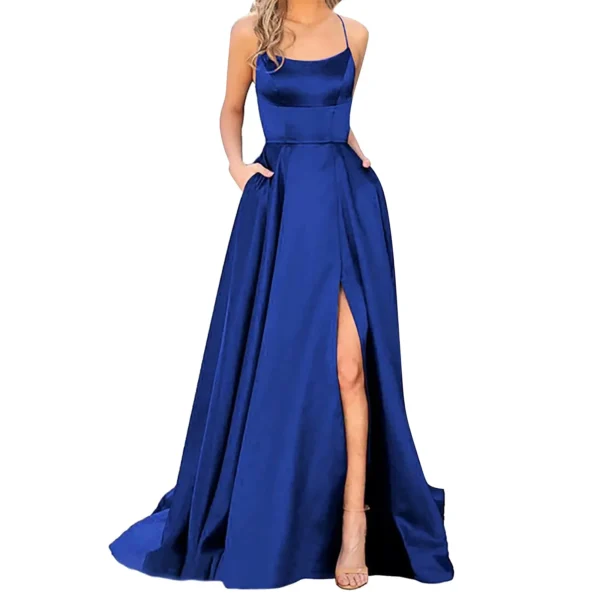 Red Prom Dresses Elegant Spaghetti Strap Slit Big Swing Evening Gown - Image 3