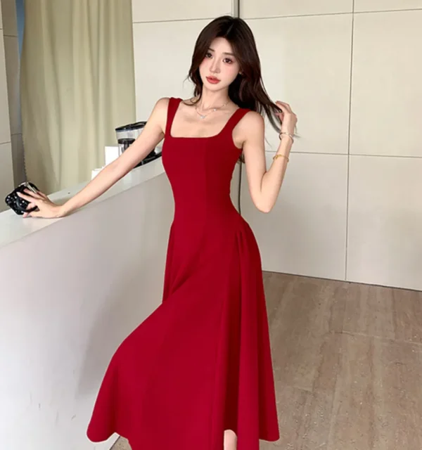 Red Square Collar Spaghetti Strap Backless Swing Prom Party Dress - Image 3