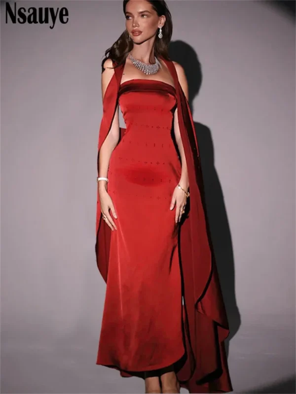 Elegant red prom dresses: Off-shoulder satin wrap maxi dress - Image 4