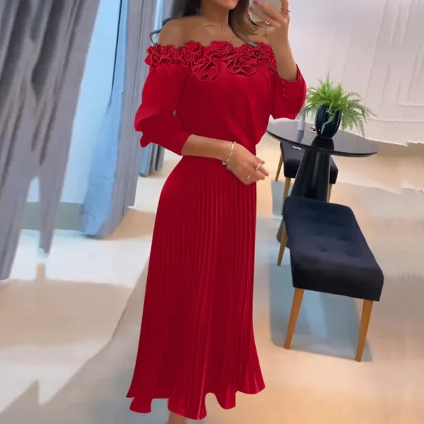 Elegant Red Off Shoulder Ruffled Long Sleeve Casual Office Dress - Image 4