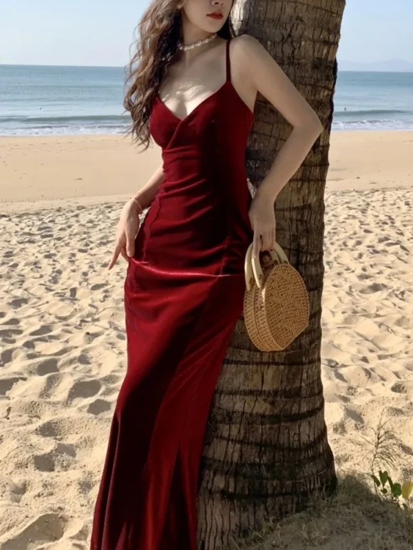 Summer Vintage Sexy Red V-neck Spaghetti Strap Slit Long Dress Party