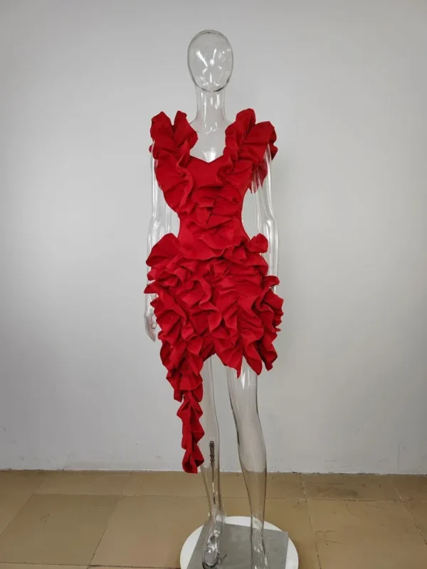 Luxury Red Sexy Ruffles Sleeveless Backless Ruched Party Prom Dress - Image 5