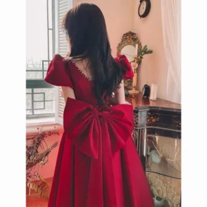 Elegant Off Shoulder Red Puff Sleeve Wedding Party Long Dress