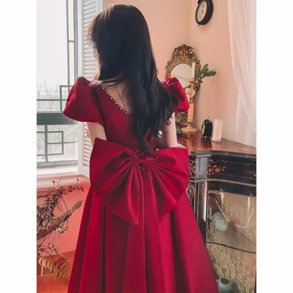 Elegant Off Shoulder Red Puff Sleeve Wedding Party Long Dress