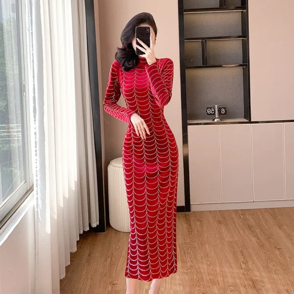 Red prom dresses, elegant velvet stand collar bodycon split evening gown - Image 2