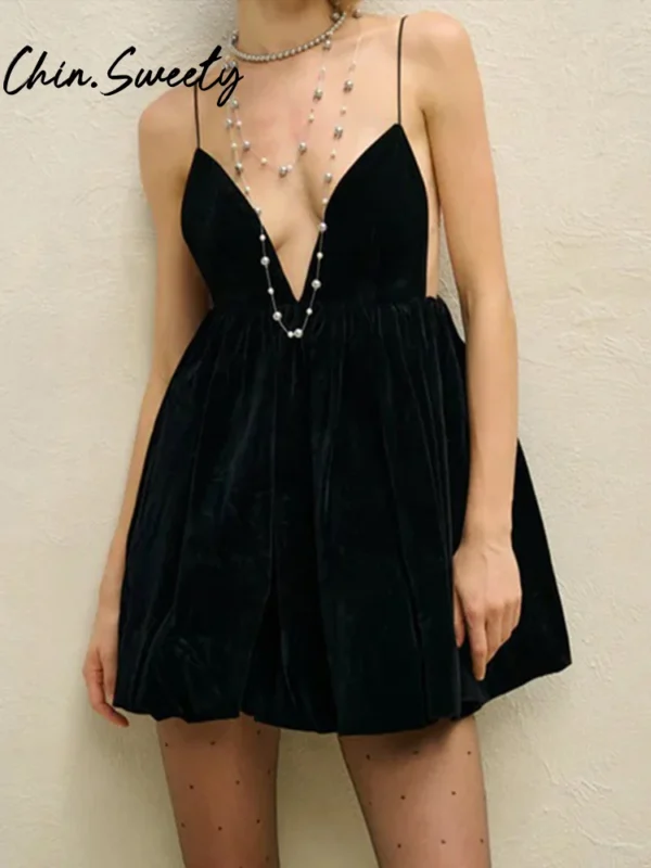 Wine Red Pleated V-Neck Sleeveless Backless Party Mini Dress Women - Image 3