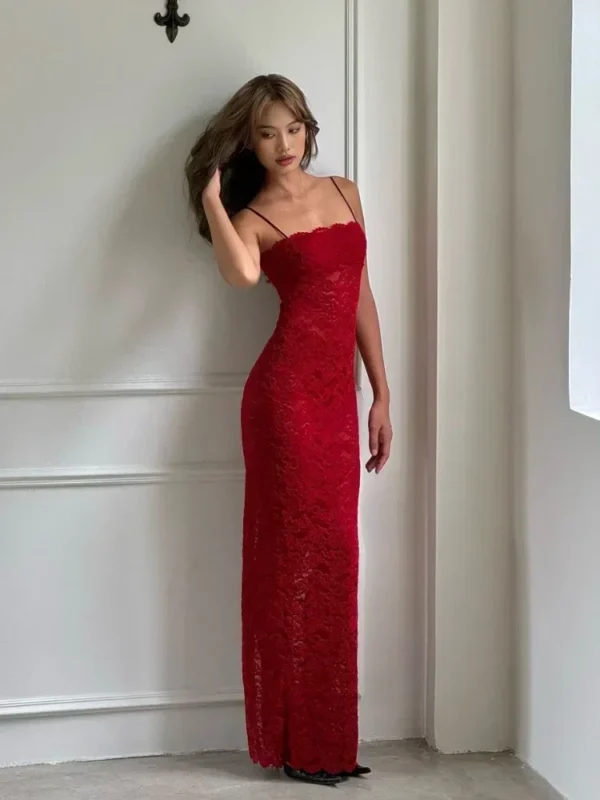 Elegant Red Lace Sling Dress Sleeveless Backless High Slit Maxi Gown - Image 4