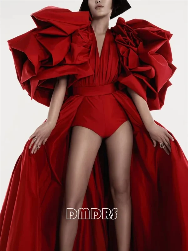 Red prom dresses: Couture jumpsuit with detachable train, satin evening gown
