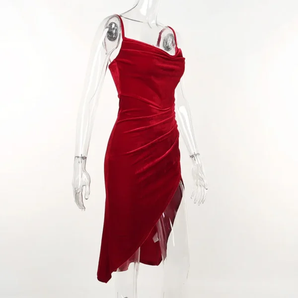 Summer Retro White Red Split Strap Slim Elegant Mid Length Dress - Image 2