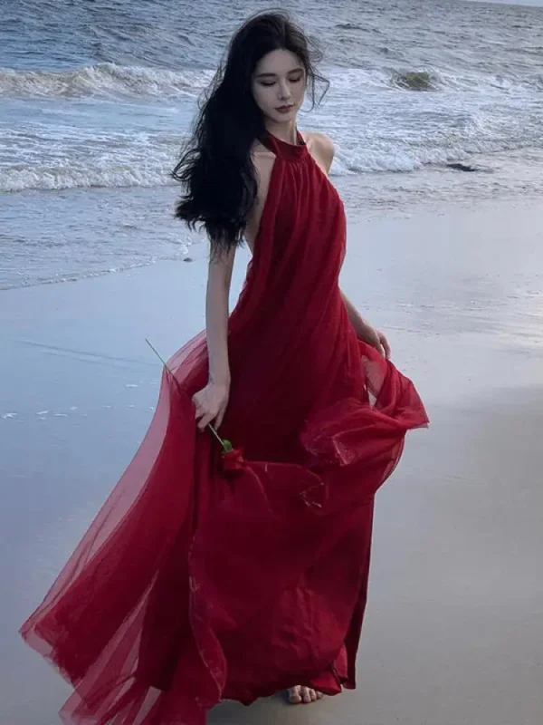 French Red Elegant Halter Mesh Backless Bandage Long Party Dress