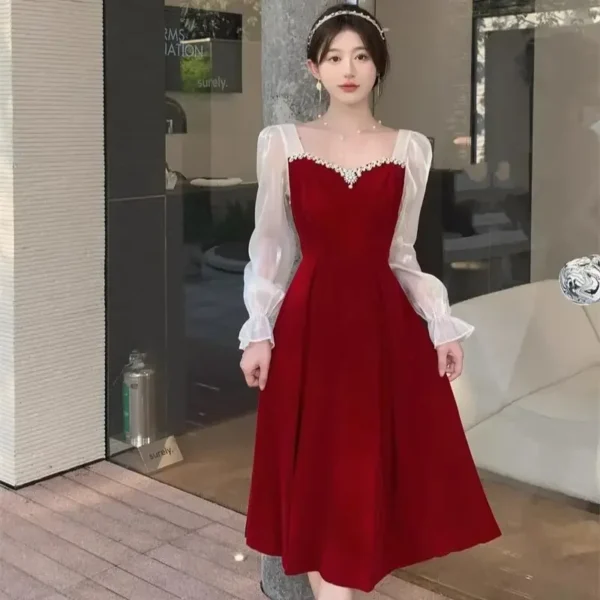 Wine Red Winter Bridal A-Line Slimming Luxury Evening Toast Dress - Image 2
