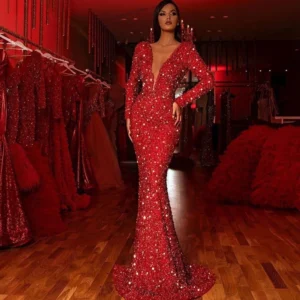 Sexy Red Sequin V-Neck Long Sleeve Slim High Waist Party Dress