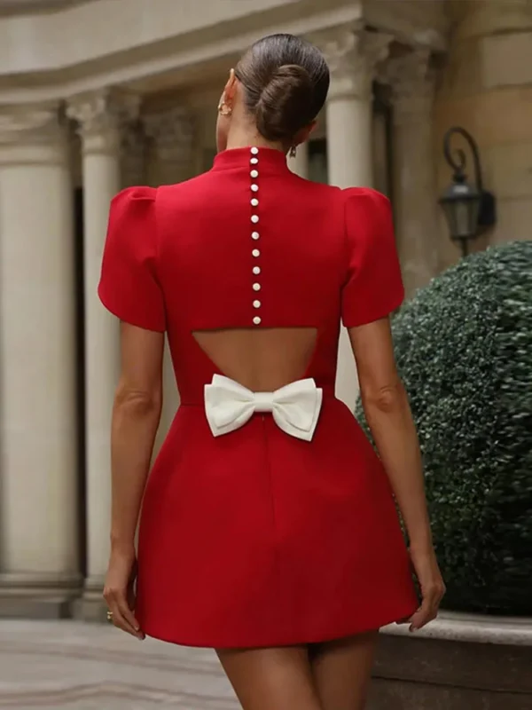 Red Prom Dresses Elegant Bow Hollow Out High Waist A-Line Mini Dress - Image 4