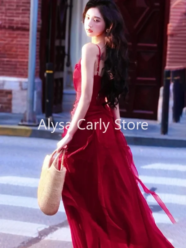 Red prom dresses with ruffles, strapless, elegant Y2K autumn party style - Image 2
