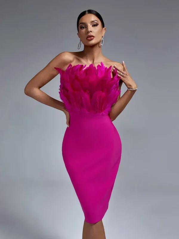 Red Bandage Dress Women Feather Bodycon Strapless Party Dress - Image 4