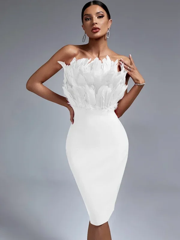 Red Bandage Dress Women Feather Bodycon Strapless Party Dress - Image 2