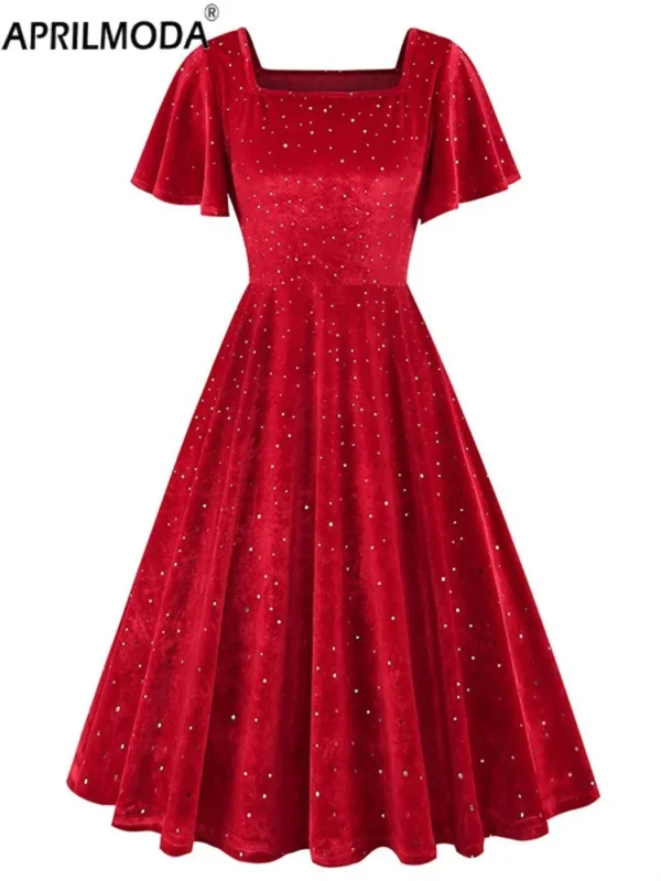 Red Prom Dresses Elegant Vintage Velvet A-Line Flare Party Gown Women
