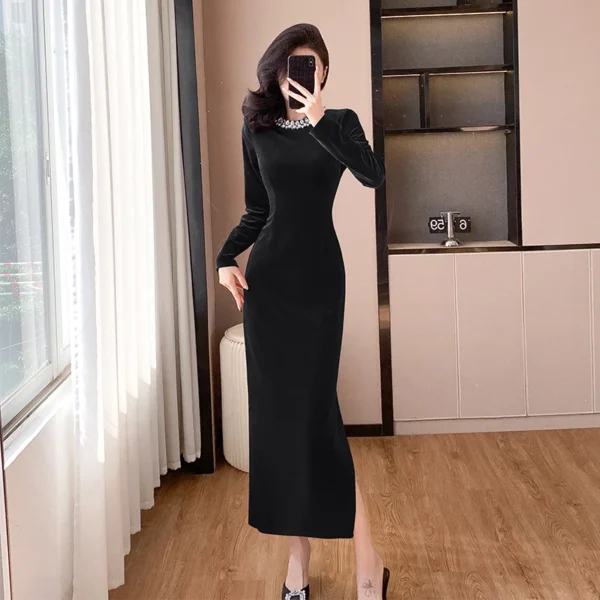 Red Prom Dresses Elegant Velvet Diamonds Sheath Slim Split Long Dress - Image 4