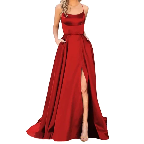 Red Prom Dresses Elegant Spaghetti Strap Slit Big Swing Evening Gown - Image 2