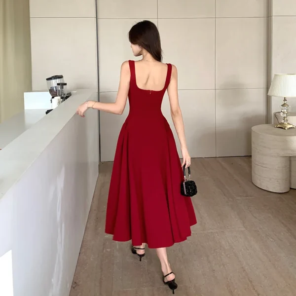 Red Square Collar Spaghetti Strap Backless Swing Prom Party Dress - Image 4