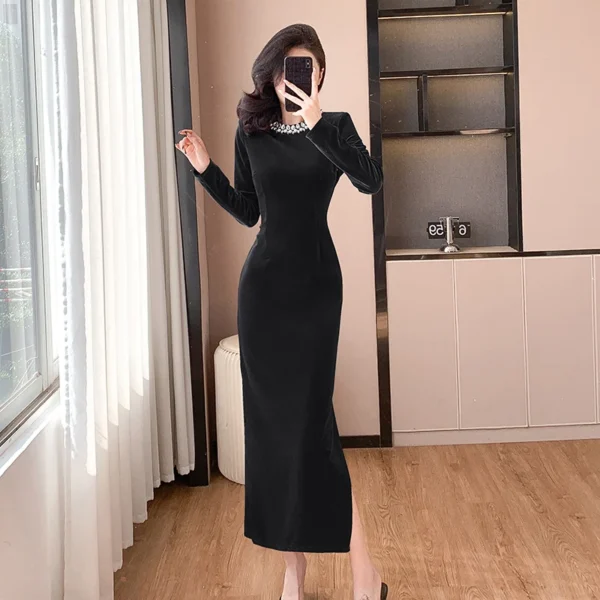 Red Prom Dresses Elegant Velvet Diamonds Sheath Slim Split Long Dress - Image 3