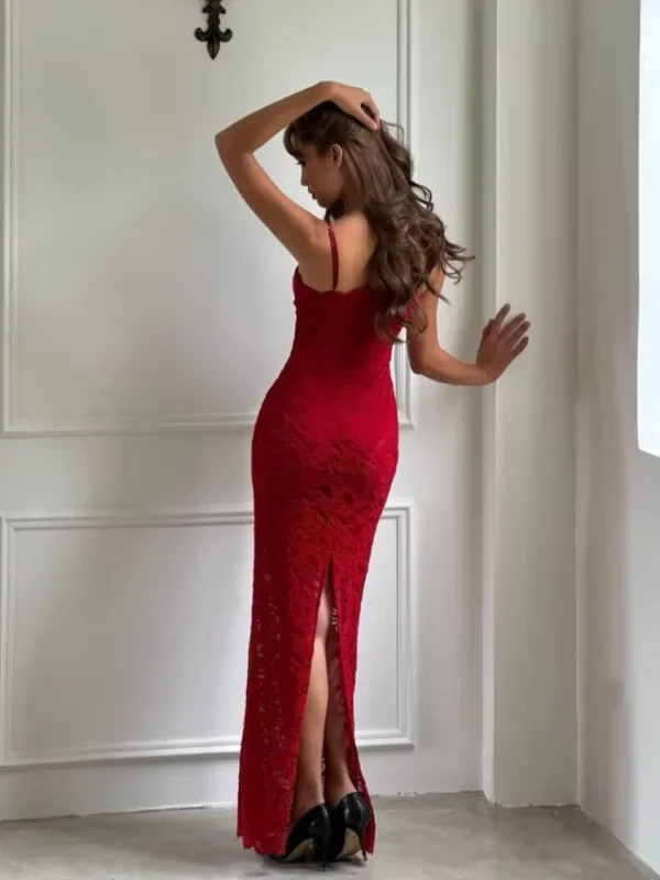 Elegant Vintage Red Lace Slim Backless High Slit Evening Dress - Image 4