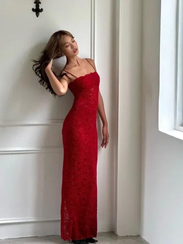 Elegant Vintage Red Lace Slim Backless High Slit Evening Dress - Image 3