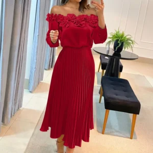Elegant Red Off Shoulder Ruffled Long Sleeve Casual Office Dress