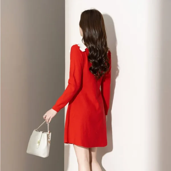 Red Knitted A-Line Sweater Dress Women Peter Pan Collar Pullover - Image 3
