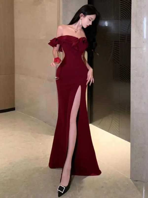 2025 Summer Red Off Shoulder Backless High Split Ruffle Party Dress