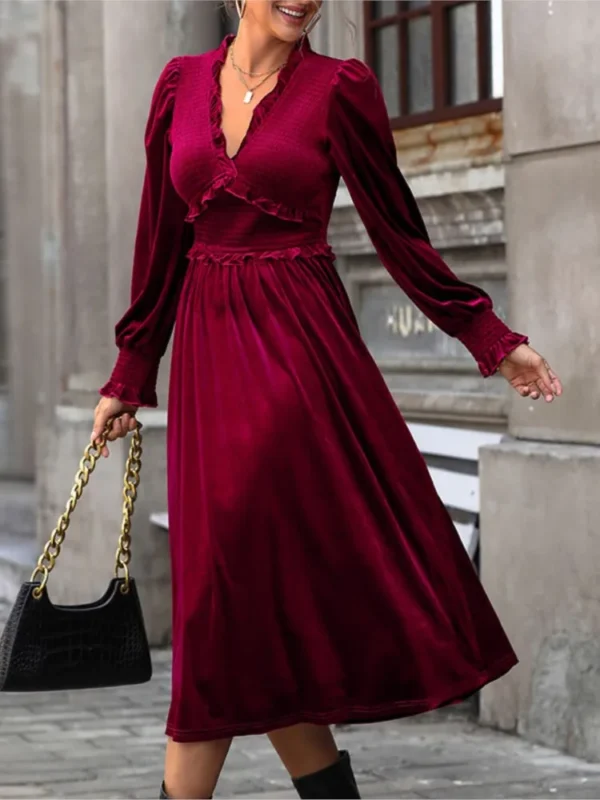 2025 Red Velvet V-neck Long Dress Elegant Vintage Prom Party Dress - Image 2