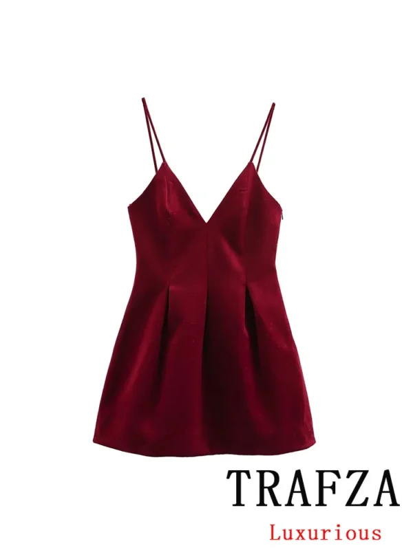 Trafza Red Velvet Sleeveless A-Line Mini Dress For Autumn Parties - Image 5