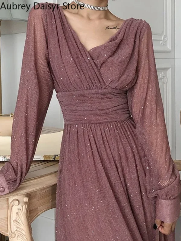 Elegant Sequin Red Long Dress V-Neck Vintage Wedding Party Gown - Image 3