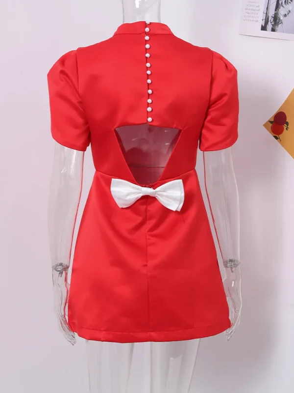 Red Prom Dresses Elegant Bow Hollow Out High Waist A-Line Mini Dress - Image 6