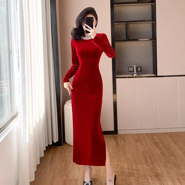 Red Prom Dresses Elegant Velvet Diamonds Sheath Slim Split Long Dress