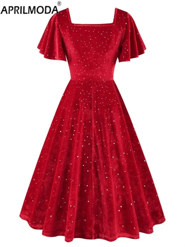 Red Prom Dresses Elegant Vintage Velvet A-Line Flare Party Gown Women - Image 3