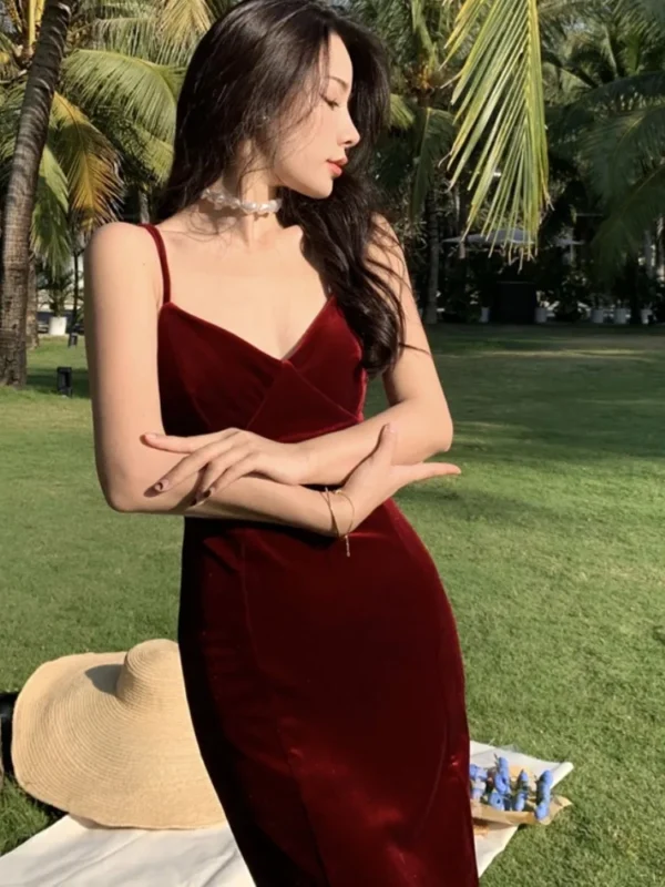 Summer Vintage Sexy Red V-neck Spaghetti Strap Slit Long Dress Party - Image 4