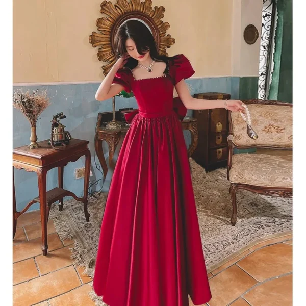 Elegant Off Shoulder Red Puff Sleeve Wedding Party Long Dress - Image 6