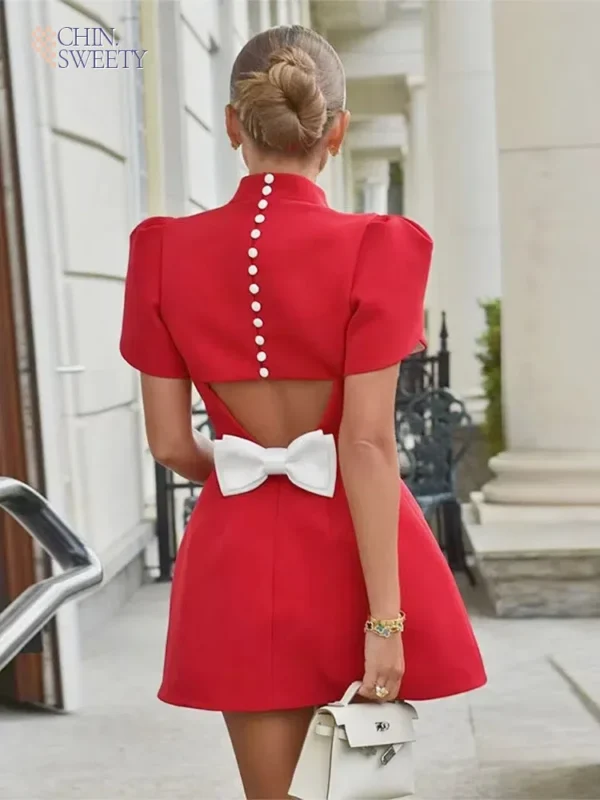 Sexy Red Backless Hollow Out Mini Turtleneck Party Dress With Pads